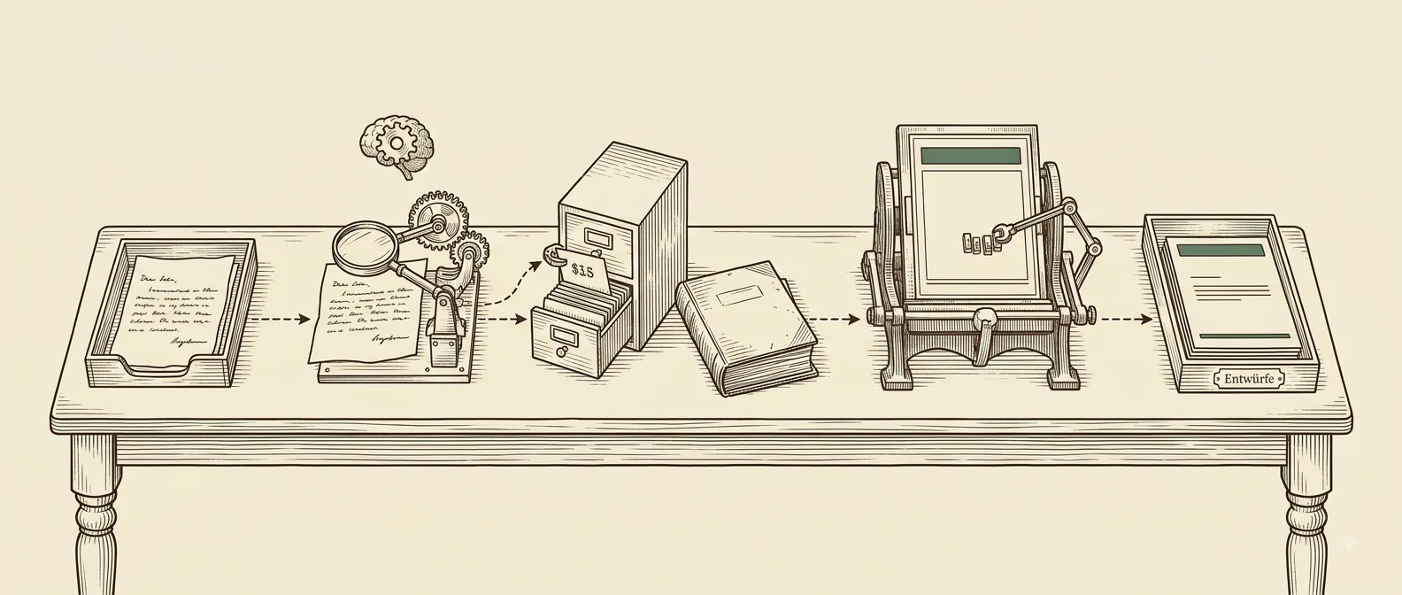 Illustration im Werkstatt-Stil: An einem langen Tisch wandert eine Kundenanfrage durch fünf Stationen. Eine Lesemaschine versteht den handschriftlichen Brief, aus einem Karteikasten wird genau eine Preiskarte gezogen, und eine Druckpresse stanzt mit einer festen Vorlage lauter gleich gestaltete Briefe in den Ablagekorb „Entwürfe".